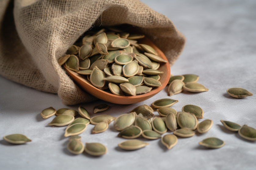 des graines de courges dans un sac en toile de jute 